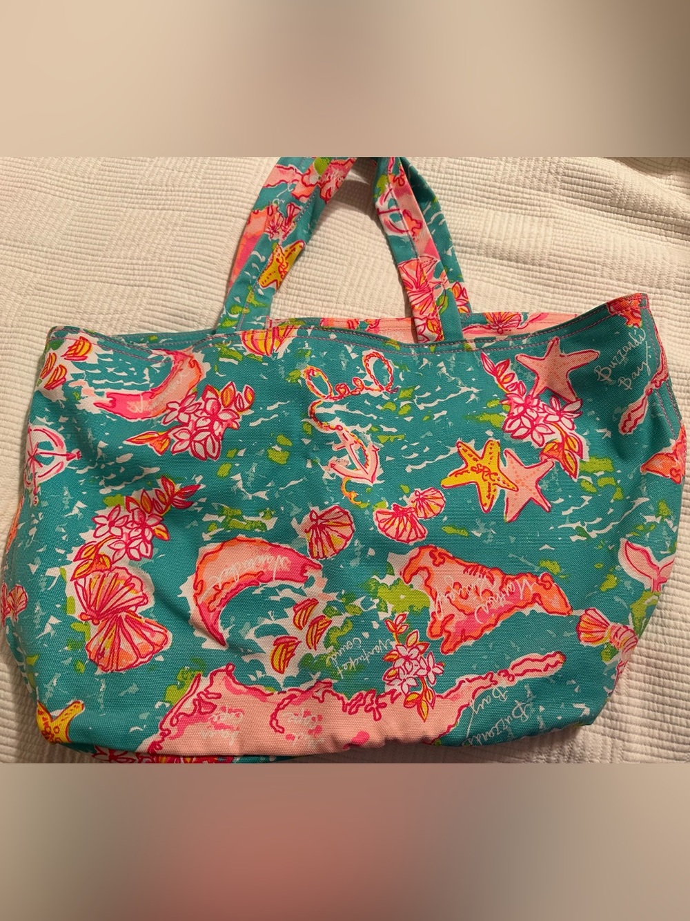 Lilly Pulitzer Teal & Pink Coastal Print Tote Bag.  Cape Cod and Islands print.